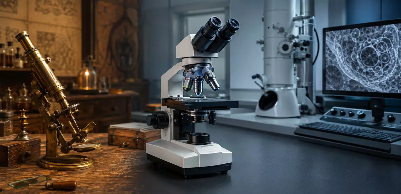 evolução do microscópio desde as primeiras lentes até a microscopia digital