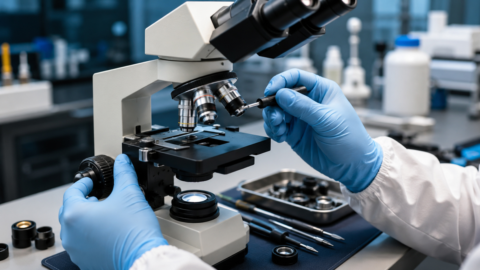 técnico realizando manutenção e reparo de microscópios