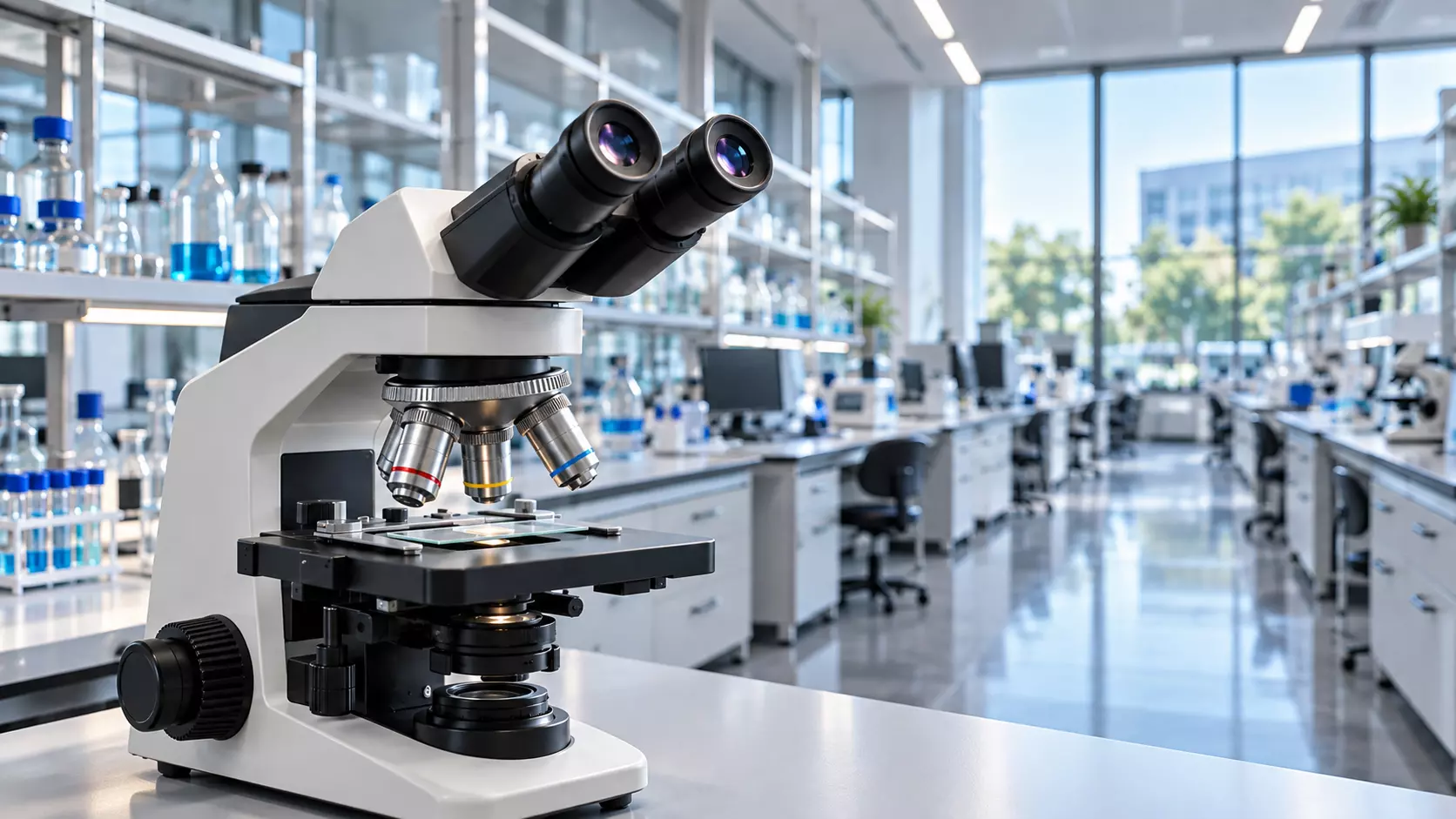 Microscópio binocular em laboratório, com destaque para as lentes oculares e objetivas acima da lâmina.