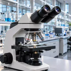 Microscópio binocular em laboratório, com destaque para as lentes oculares e objetivas acima da lâmina.