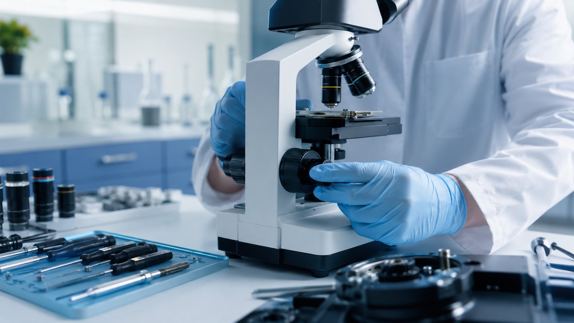 Microscópios laboratoriais em manutenção preventiva