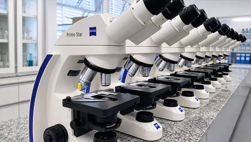Técnico realizando manutenção preventiva e corretiva em microscópio