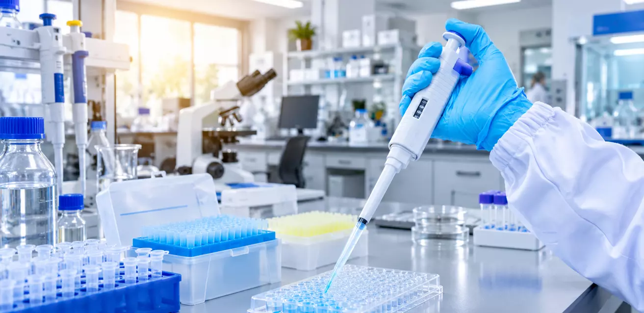 Calibração e Manutenção de Micropipetas em Laboratório Profissional realizando pipetagem durante calibração e manutenção de micropipetas