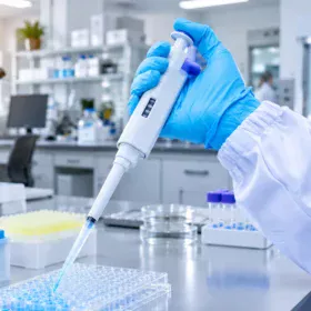 Profissional realizando pipetagem durante calibração e manutenção de micropipetas