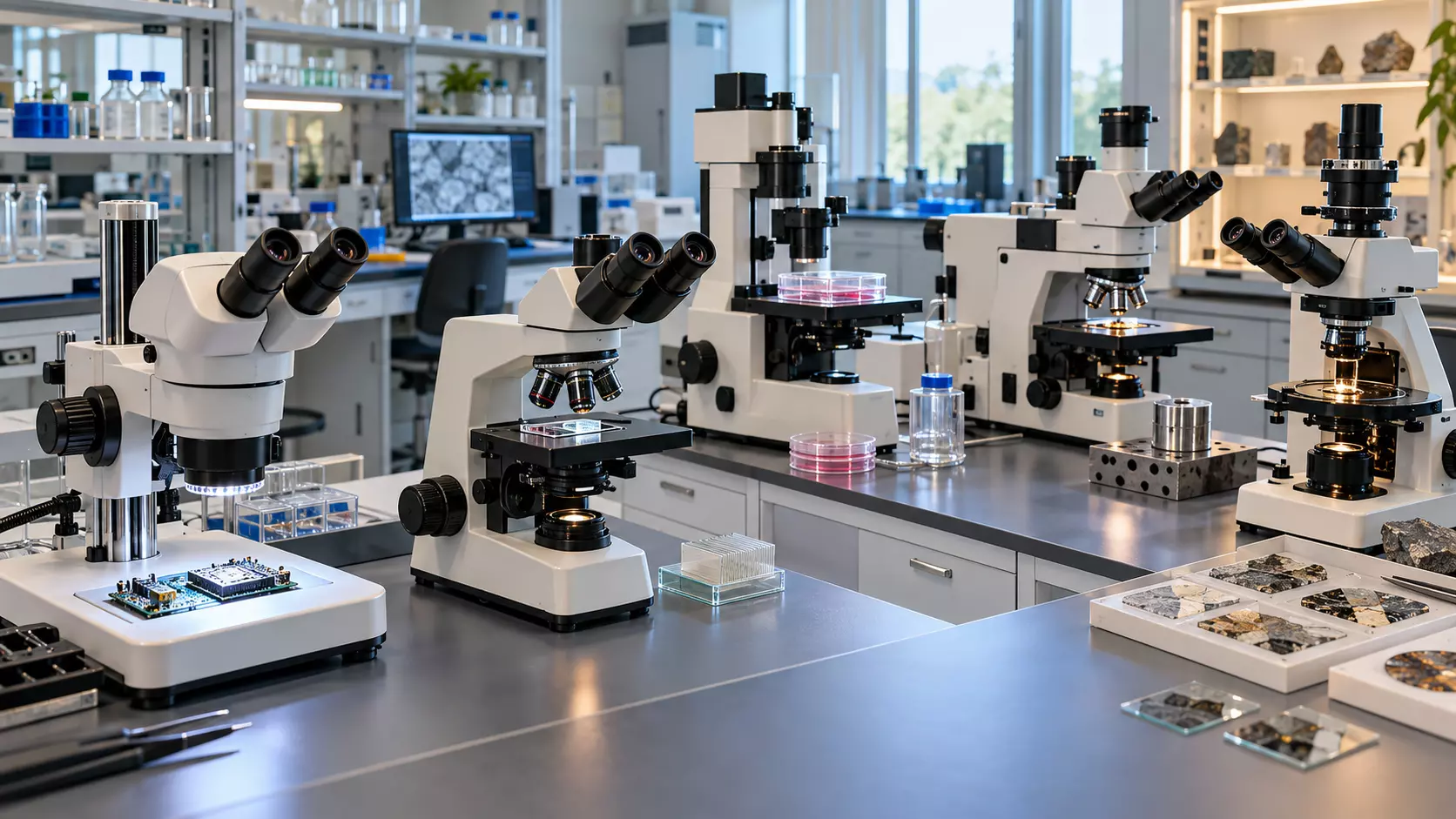 Diferentes tipos de microscópios em laboratório, com amostras biológicas, componentes eletrônicos e materiais